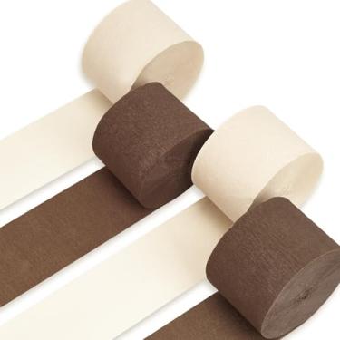 Imagem de PartyWoo Flâmulas de papel crepe marrom, 4 peças, pacote de 100 m de fitas de papel crepe neutra Boho para aniversário, chá de bebê, casamento, formatura, aniversário, aposentadoria, floresta, tema