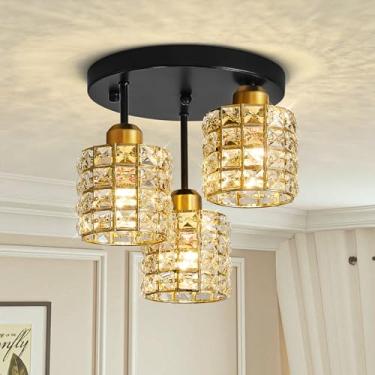 Imagem de Lustre de Teto 3 Lâmpadas Preto e Dourado com Cristal K9 — Luminária de Teto Moderna e Compacta para Quarto, Sala e Corredor, Soquete E14 (Máx. 40W, Lâmpadas Não Inclusas)