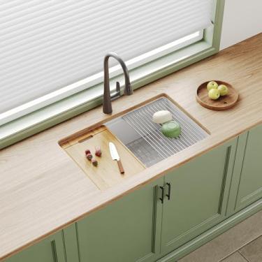 Imagem de DeerValley Pia de cozinha Farmhouse Workstation, 76.2 cm C x 48.3 cm L Fireclay Undermount White Pia, pia dupla montagem única tigela profunda moderna com acessórios para estação de trabalho