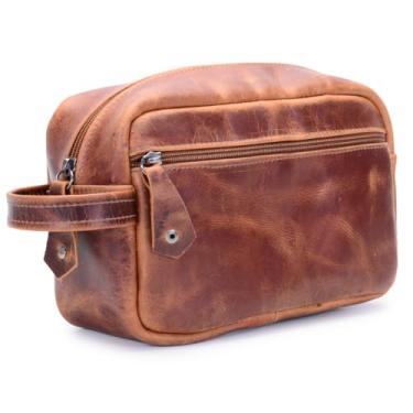 Imagem de Necessaire em Couro Vintage Marrom, Bolsa de Toilette Masculina, 24 x 16 x 9 cm, Design Clássico com Alça