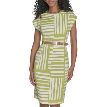 Imagem de Calvin Klein Vestido feminino com estampa geográfica e bainha de cinto, Aipo/creme, 12