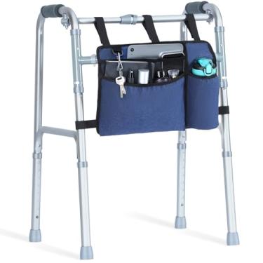 Imagem de Bolsa para andador premium com suporte de copo, cesta de andador de grande capacidade para andadores dobráveis, bolsas de armazenamento de pano Oxford azul à prova d'água, acessórios de andador para