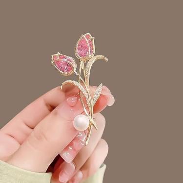 Imagem de Broche floral feminino tulipa pérola dupla finalidade grampo de cabelo para terno blazer casaco cachecol acessórios elegantes, One Size, Metal, Sem Pedra Preciosa