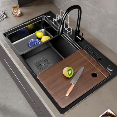 Imagem de Pia de cozinha de aço inoxidável 304 de tigela única, pia de cozinha preta, pia de estação de trabalho, pia moderna, pia embutida de fazenda, com torneira removível (72 * 45 * 23 cm)