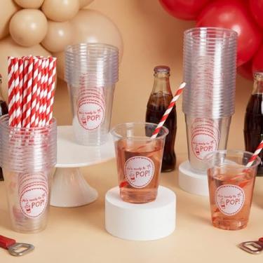 Imagem de Willinglong 50 peças She's Ready to Pop Chá de Bebê 473 ml Copos de Plástico Descartáveis com Canudos para Tema de Refrigerante Menino ou Menina Gênero Revelar Pregnancy Announcement Recém-nascido