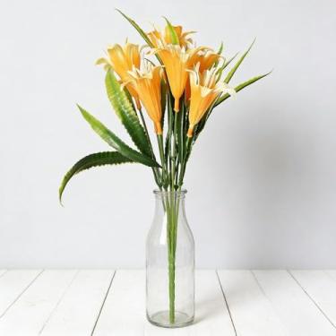 Imagem de 1 buquê de decoração de lírio artificial, 7 cabeças, flores de lírio falsas, decoração de jardim, amarelo, 33 cm