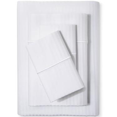 Imagem de Lençóis de cama de damasco tamanho King Size Feather & Stitch | Jogo de cama respirável 100% algodão macio com 4 | bolsos profundos de 45,7 cm 500 fios cetim trançado listrado colchão resort hotel decoração de luxo | branco