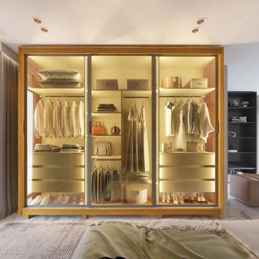 Imagem de Guarda Roupa Casal com Vidro Reflecta LED 3 Portas de Correr com Pes MDF Platinum Gelius