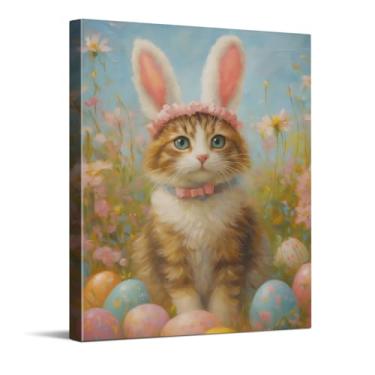 Imagem de Impressões em tela de gato de coelho da Páscoa com ovos, arte de parede em tela de pintura caprichosa, decoração de berçário e decoração de quarto infantil, decoração de casa com tema ovo de gatinho