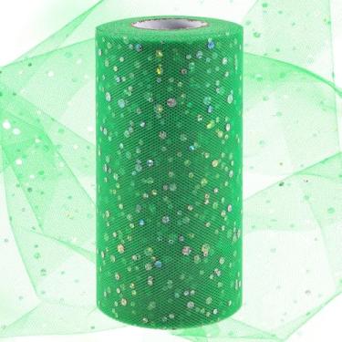 Imagem de Swpeet 6 polegadas por 50 jardas Grama Verde Glitter Tule Rolo de Tecido, Fita de Tule Brilhante, Bobina de Poliéster de Malha para Festa de Aniversário DIY Decorações de Casamento Acessórios de