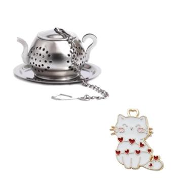 Imagem de ReignSword Conjunto de 2 bolas de infusor de chá de folhas soltas, filtro de chá de aço inoxidável com acessórios para gatos, coador de chá com corrente e bandejas de gotejamento (prata)