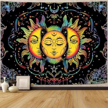 Imagem de FENDROM Tapeçaria hippe boho sol e lua, tapeçarias coloridas tripy, estética mística, sol ardente, lua, cobertor para pendurar na parede para quarto, sala de estar, dormitório