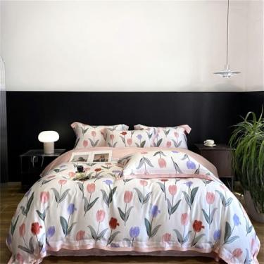 Imagem de Conjunto de cama com estampa de rosas, macio e sedoso ao toque, ideal para o verão. Inclui capa de edredom, lençol e lençol de baixo. Modelo 9, com elástico e tamanho de 1,8 m.