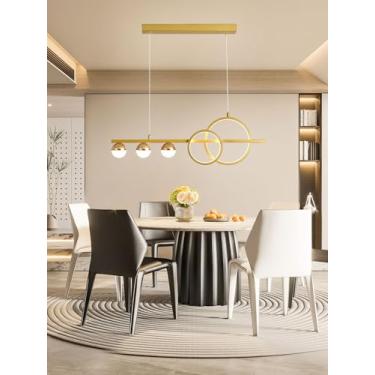 Imagem de Luminária pendente LED moderna, com design em anel e dimerizável, controle remoto e altura ajustável. Luminária suspensa com LED em formato de bola creme, ideal para sala de jantar e escritó
