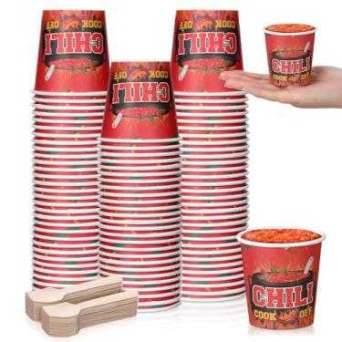 Imagem de Teenyyou 100 peças de 142 g Chili Cook Off Decorações de Festa Mini Chili Red Chili Cook Off Copos de Degustação Descartáveis Tigelas de Papel e Colheres de Madeira para Competição de Pimenta, Prêmios