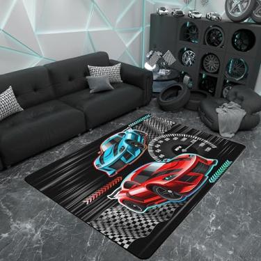 Imagem de Tapete de carro de corrida 3'x5'(100 cm x 150 cm x 1 cm), tapete antiderrapante com tema de esportes radicais para crianças, tapete colorido para decoração de carro esportivo para sala de estar