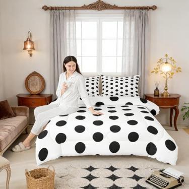 Imagem de Homewish Jogo de cama queen com bolinhas brancas e pretas, tamanho hippie, estilo simples, para crianças, adolescentes e adultos, edredom acolchoado decorativo geométrico moderno com 2 fronhas