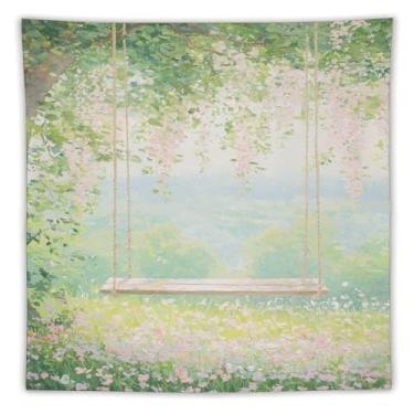 Imagem de Tapeçaria de balanço de videira de flor de primavera, pintura a óleo, prado de flor rosa, decoração romântica de jardim para sala de estar, quarto, decoração de arte de natureza sazonal suave com