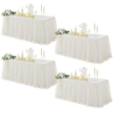 Imagem de familus Toalha de mesa retangular de 1,8 m marfim pacote com 4 toalhas de mesa elásticas com babados de tule elastano para saias de mesa de tule de 1,8 m para festas, casamentos, banquetes