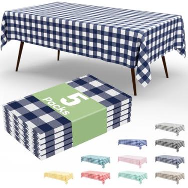 Imagem de misaya Pacote com 5 toalhas de mesa descartáveis de búfalo, 137 x 272 cm, toalha de mesa de plástico impermeável retangular branca e azul marinho para piquenique, aniversário, festa