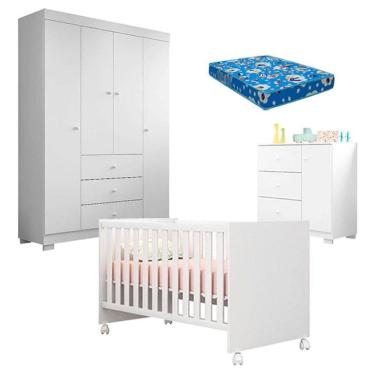 Imagem de Quarto de Bebê Duda 4 Portas e Berço Americano Mini Cama Doce Sonho 100 Branco Brilho com Colchão Ortobom – Phoenix Baby