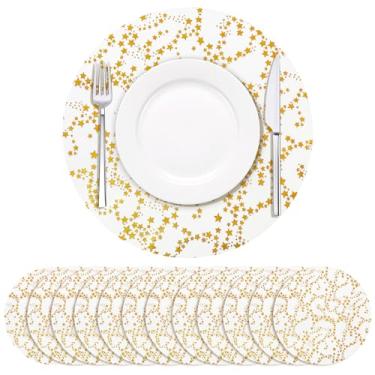 Imagem de Soleebee Pacote com 12 jogos americanos descartáveis, finos redondos com estrelas douradas de 33 cm, jogo americano para mesa de casamento, aniversário, mesa de jantar, decoração de casa