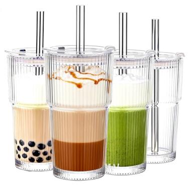 Imagem de KEMORELA Copo de vidro canelado de 590 ml com canudo e tampa, 4 peças,