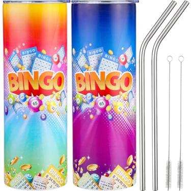 Imagem de Geiserailie Pacote com 2 copos de bingo 590 ml, presentes de jogo de bingo, copo de aço inoxidável com tampas, prêmios para idosos, mãe, avó, pai (brilhante)