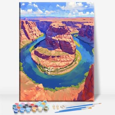Imagem de HUINORYA Horseshoe Bend Arizona Tela emoldurada DIY Kit de pintura por números bar café caverna sala de casa parede banheiro varanda pátio decoração presente, 40,6 x 30,5 cm