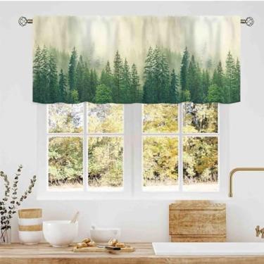 Imagem de Cortinas de cozinha verde-floresta, fazenda, floresta enevoada, natureza, pinheiros, paisagem, floresta, bolso para varão, pequena janela curta, saia para café, sala de estar, quarto, armário