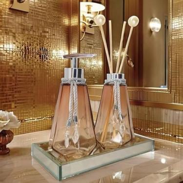 Imagem de Kit Lavabo Completo 300ml em Vidro Premium com Aromatizador Difusor Saboneteira e Bandeja Decorativa(Ambar Degrade C/Prata,Sem Bandeja)