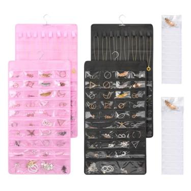 Imagem de WRENYZK 2 organizadores de joias pendurados com ganchos de metal, organizador de joias com 20 sacos de armazenamento, 48 bolsos de armazenamento de joias de dupla face para brincos, colar, pulseira