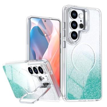 Imagem de POYUFRG Capa com glitter para Samsung Galaxy S26 Ultra/S26 Plus/S26, capa magnética transparente com capa de proteção de suporte de lente de metal, verde, S26 Plus