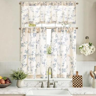 Imagem de jinchan Conjunto de cortinas florais de cozinha, 91 cm de comprimento, casa de fazenda, café, cortinas e saia para sala de estar, banheiro, janela pequena, tratamentos de varão, bolso para varão, 3