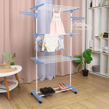 Imagem de Varal De Chão Dobrável com Rodinhas 3 Prateleiras Sapateira e Abas Par