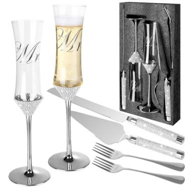 Imagem de Conjunto de 6 facas de bolo de casamento e taças de champanhe, taças de champanhe Sr. e Sra. Taças de champanhe com garfo, strass de cristal para noiva e noivo taças de champanhe para presentes de