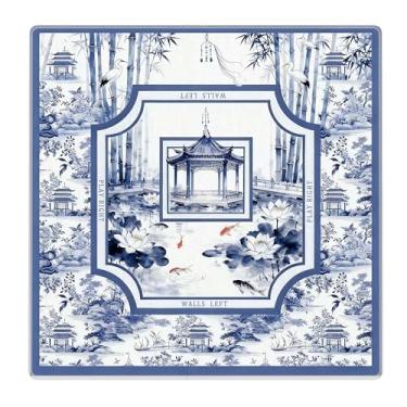Imagem de Likjad Blue and White Chinoiserie Floral Pavilion Mahjong Mat for Table 31.5 x 31.5 Inch, Asian Oriental Chinese Non-Slip Noise Reduction Mahjong Mat for Poker, Dominoes, Cards, Board & Tile Games