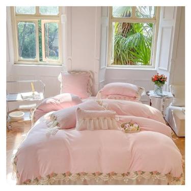 Imagem de Jogo de cama fofo de inverno 260 g de veludo leite, flores, renda, babados, curto, felpudo, aveludado, capa de edredom, lençol de cama (lençol de cama liso rosa/King 4 peças)
