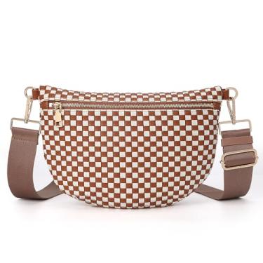 Imagem de YFGBCX Bolsas transversais de tecido para mulheres, bolsa tiracolo quadriculada, bolsa tiracolo de couro sintético, Marrom