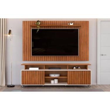 Imagem de Rack Bancada c/ Painel p/ TV até 65 Pol Lume/Olimpic Ripado Prateleira e Nichos 180x168cm Freijó/Off White - DJ Móveis