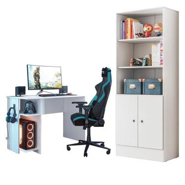 Imagem de Mesa para Computador 3875 e Armário Gamer 4095 Branco Brilho - Qmovi