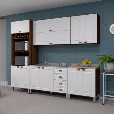 Imagem de Armário De Cozinha Completa 6 Peças Com Tampo E Espaço Para Micro-ondas Safira Luciane Móveis Nogueira Dourado C/ Branco Pet E Connect