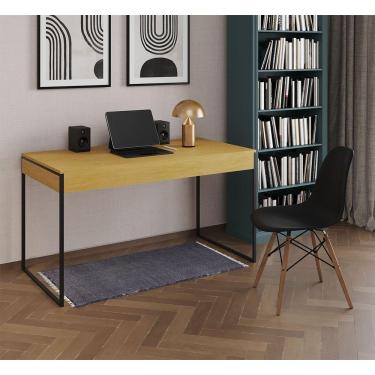 Imagem de Mesa De Escritório Industrial Canela 137X53Cm Base Ferro Preto Com 1 Cadeira Pretae