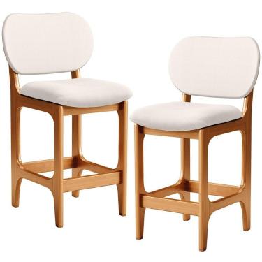 Imagem de Kit 02 Banquetas Baixa Bar Cozinha E Sala De Jantar Fixa Betta L02 Imbuia Linho Cru