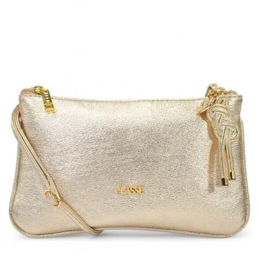 Imagem de Bolsa Transversal Feminina Couro Legítimo Pequena Classe Couro, Ouro