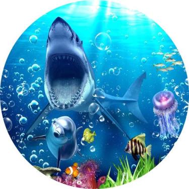 Imagem de Painel de Tecido Sublimado Redondo Fundo Do Mar Tubarão E Golfinho c/ 