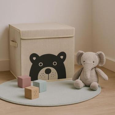 Imagem de Caixa Organizadora Infantil Brinquedos Linho Tampa Baú Okys, Ursão