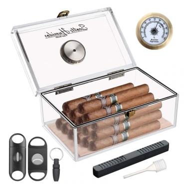 Imagem de Umidor de Charutos Scotte Transparente em Acrílico com Higrômetro, Cortador e Punch – C...