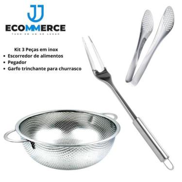 Imagem de Kit Pegador de Alimentos Escorredor e Garfo para Churrasco 3 Unidades 