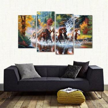 Imagem de Quadro Paisagem Manada De Cavalos Sala Em Tecido 4 Peças